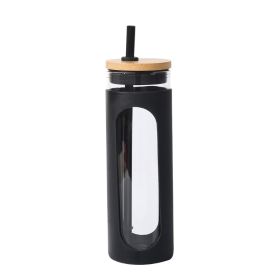 Glass Water Tumble Straw Silicone Bamboo Lids Iced Coffee Cup Bottle Reusable (Capacity: 590ML)